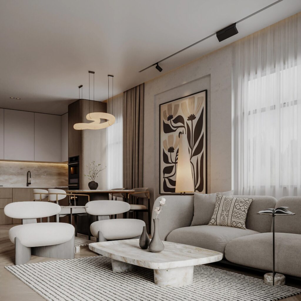 Thiết kế bàn phòng khách hiện đại giúp không gian trở nên mềm mại hơn