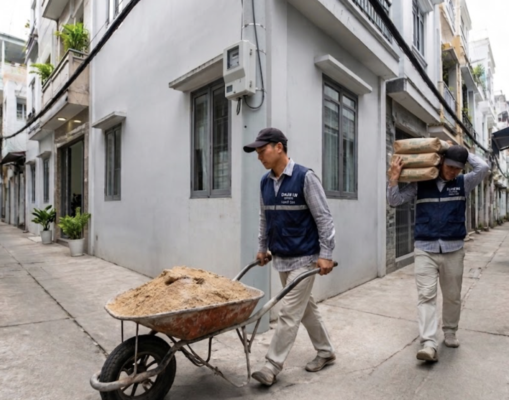 Công nhân xây nhà trong hẻm nhỏ.